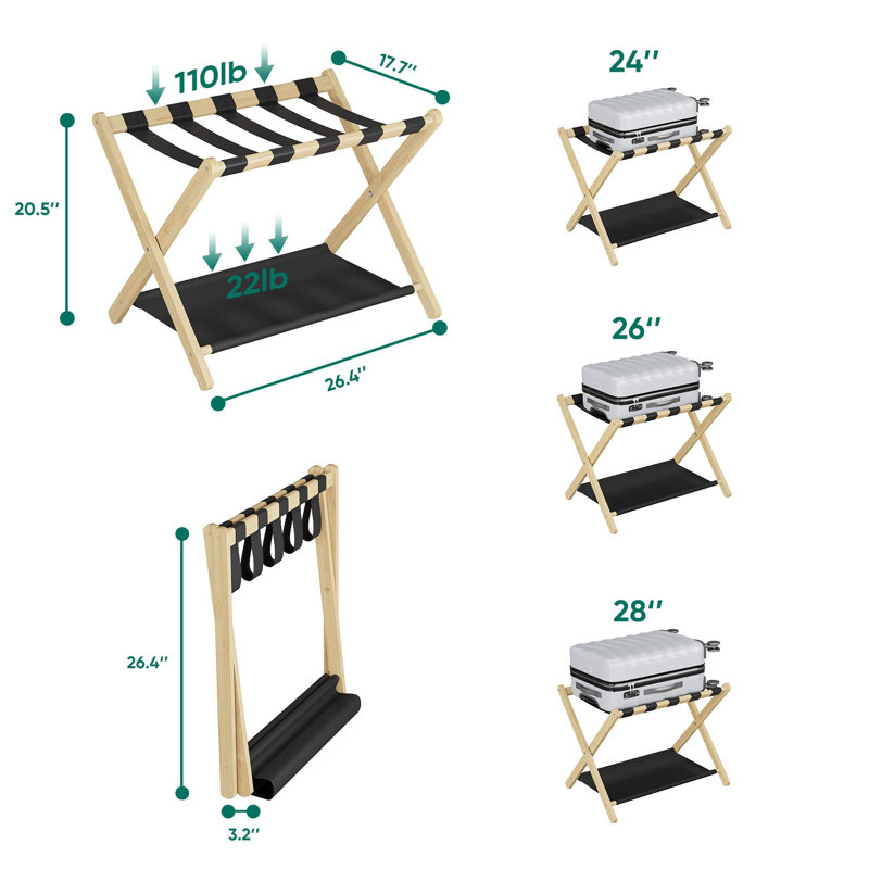 Porte-bagages en bambou pour chambre d'amis, Naturel/noir