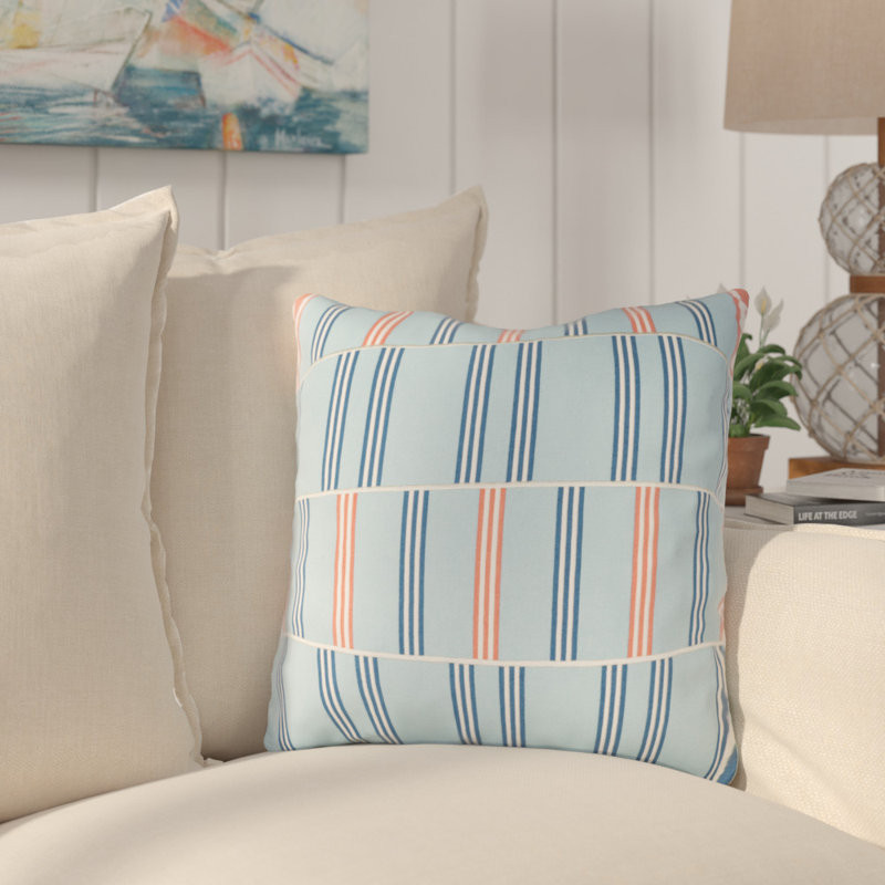 Coussin décoratif rayé carré, Petit, Bleu ciel / bleu foncé / blanc / orange, Mélange de duvet