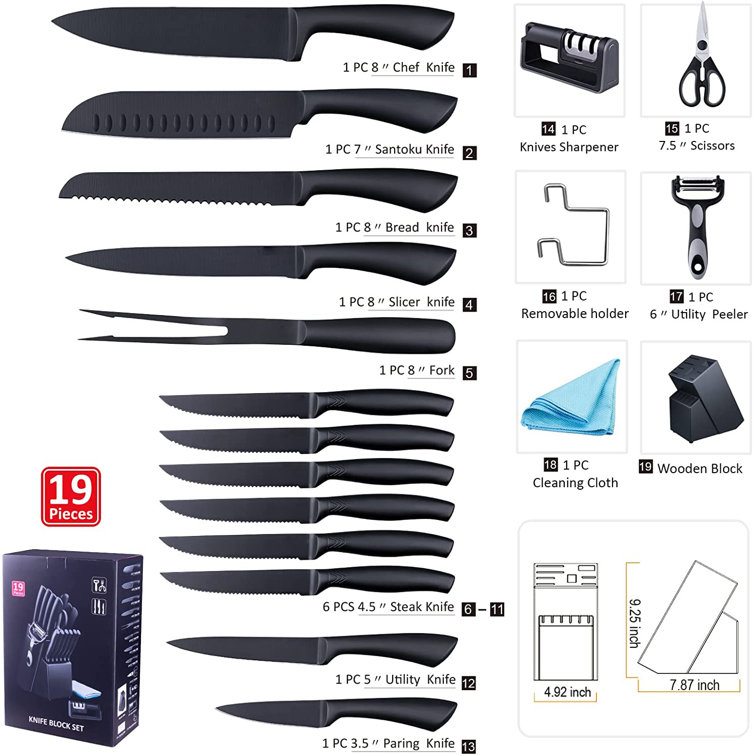 Knife Set, 15 Pieces Kitchen Knife Set with Built in Knife Sharpener Block,  Dishwasher Safe, German Stainless Steel Knife Block Set, Elegant Black
