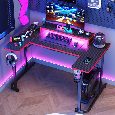 Monike 51“/59” U-Shaped Computer Desks with LED Lights, Gaming Desks with Monitor Stand, Headphone Hook and Cup Holder