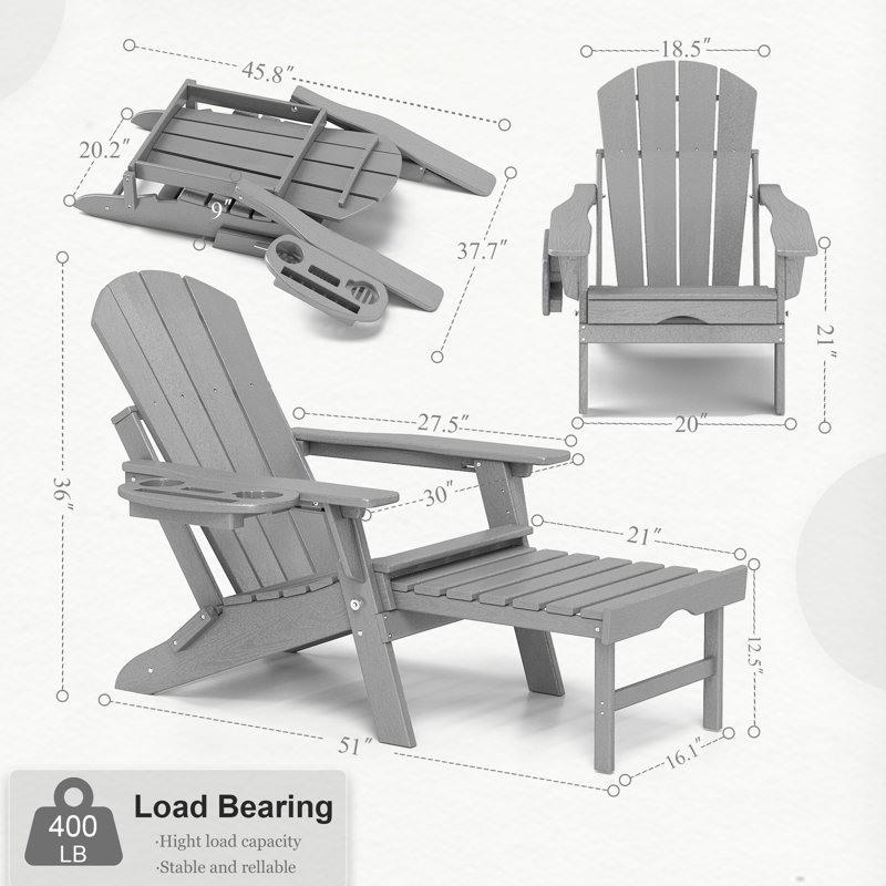 Chaise Adirondack pliante et réglable en PEHD Celese avec repose-pieds, Gris clair