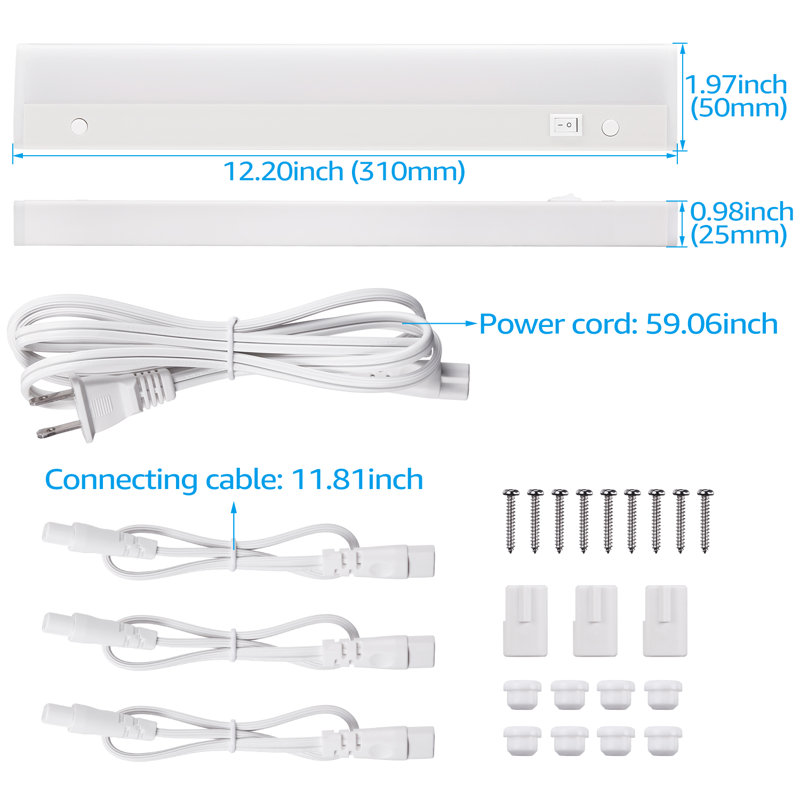 Éclairage de travail à DEL sous l'armoire, homologué ETL, peut être raccordé, à brancher, 6 W, 400 lm, 4 000 K blanc froid, fini blanc, 12 po