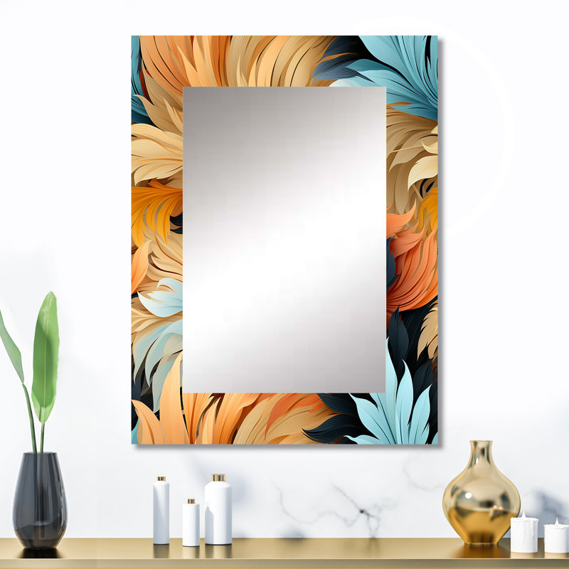«Earthy Tones Boho Inspire Feather», miroir mural floral unique, miroir de chalet, impression sur métal, 32 po x 24 po