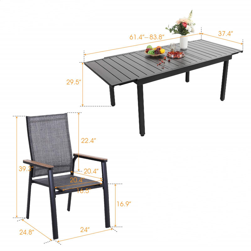 Ensemble de salle à manger rectangulaire en aluminium pour 8 personnes 83,8 po Leonard, Noir, noir, noir, noir