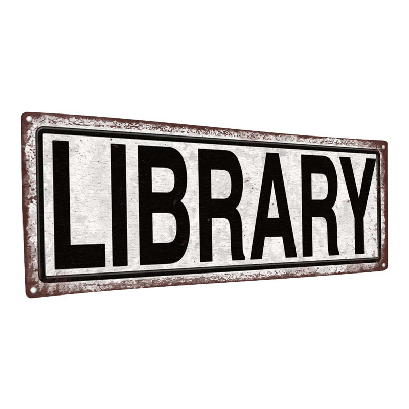 Enseigne de bibliothèque en métal vieilli, H 5,75 po x l 15,5 po