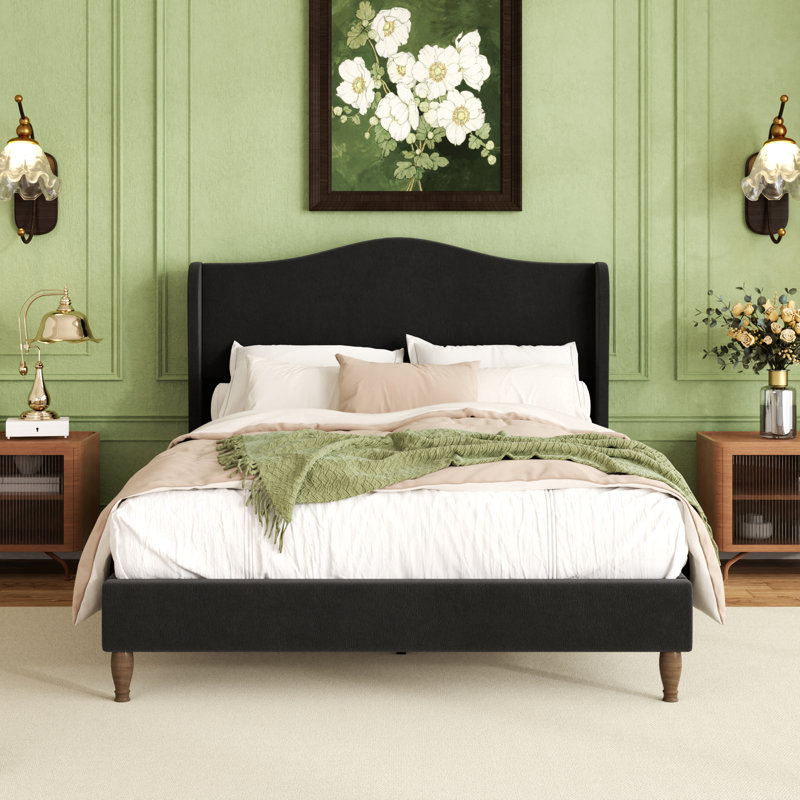 Chenille Upholstered Wingback Platform Bed Frame with Tall Headboard, Black, Queen