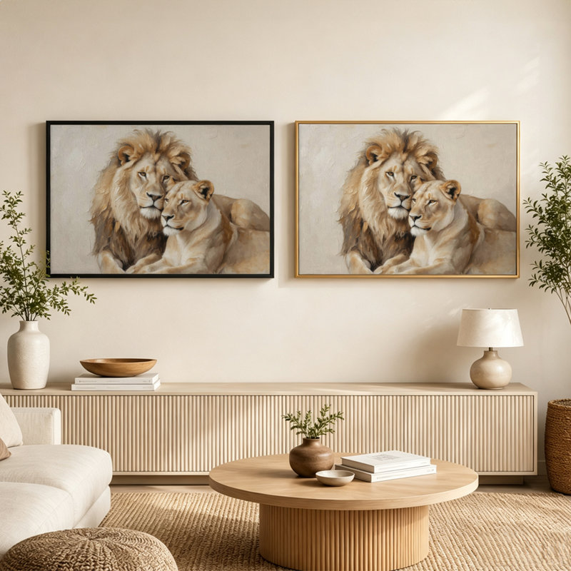 Art mural sur toile Golden Embrace Lion & Lioness, cadre flottant, prêt à être accroché, 8x12in, Gold