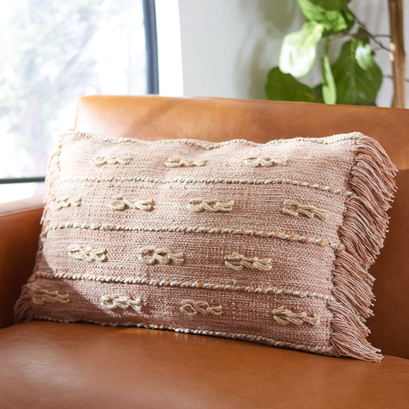 Janine Fringed Cotton Reversible Throw Pillow, Orange/Beige