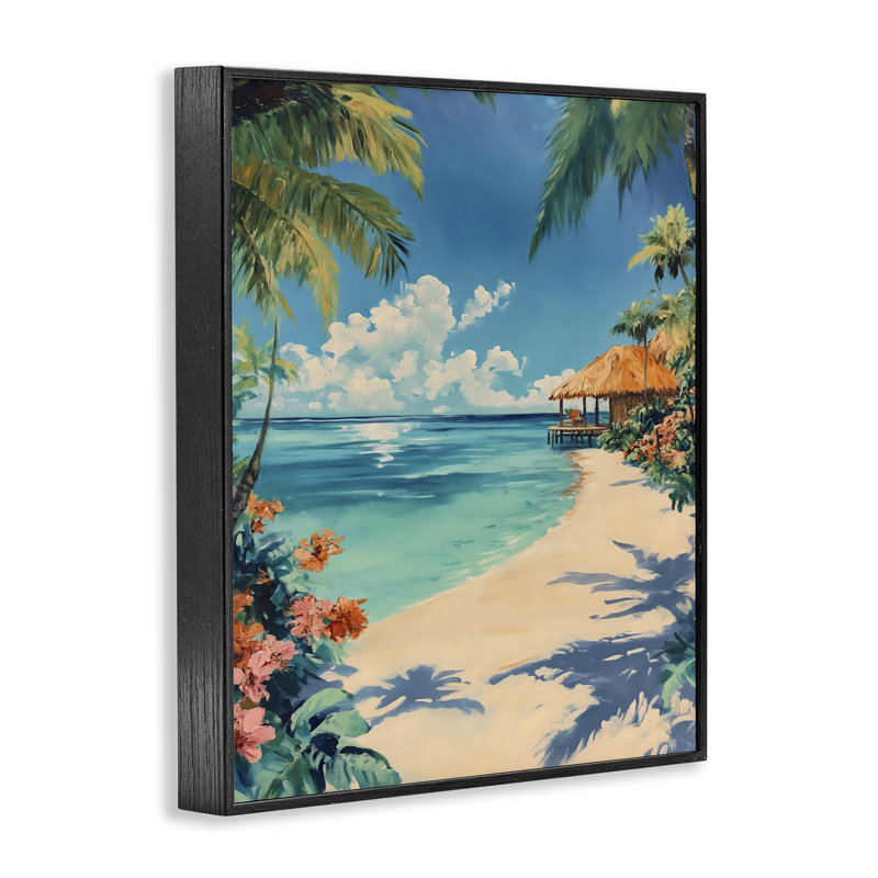 Giclée encadrée d'une cabane tropicale au bord de l'océan, design par Franklyn Gregory, H 14 po x l 11 po