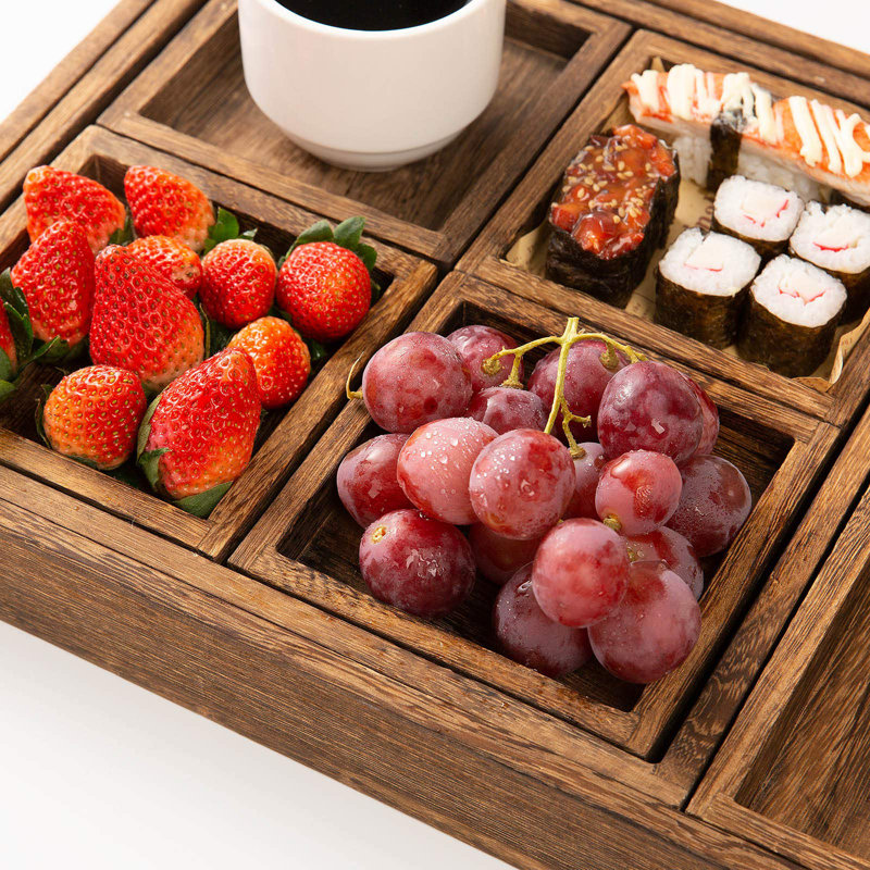 Wooden Service Tray And Handle, Rectangular Plate Entertainment, Breakfast, Coffee Table, (Rustic/7 Pcs)