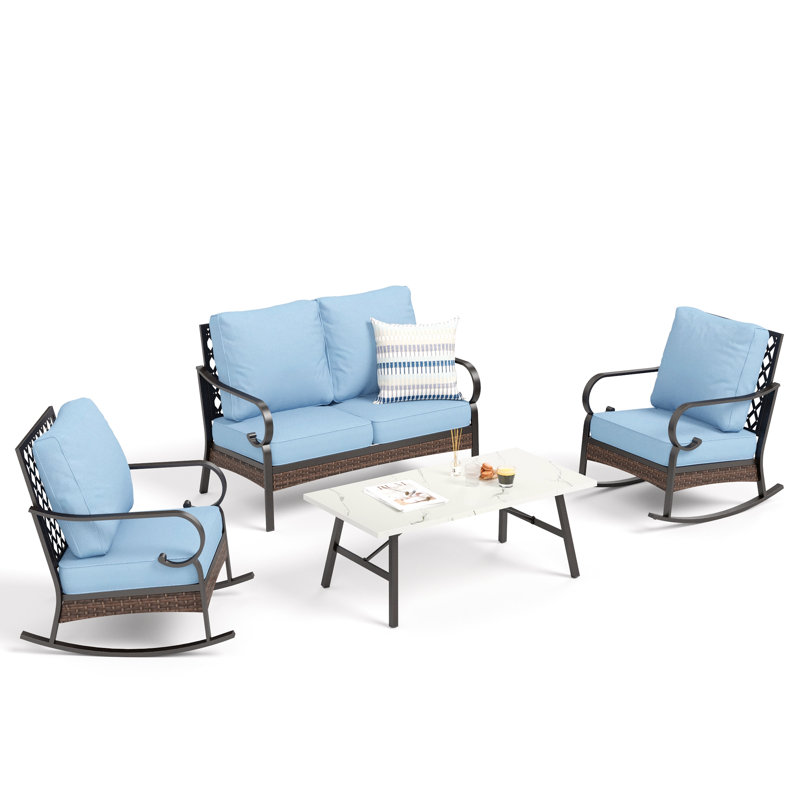 Ensemble de mobilier de patio pour 4 personnes avec chaises longues berçantes, Bleu