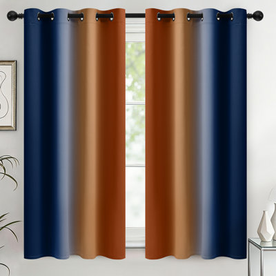 Blue and Brunt Orange  Thermal Insulated Curtains, Grommet Top Gradient Window Drapes 2 Panels