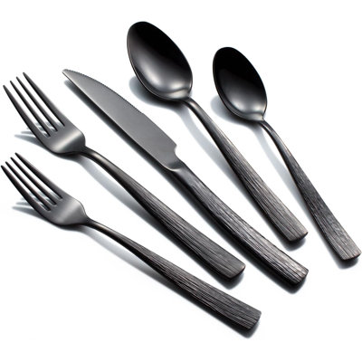 20-Piece Stainless Steel Flatware Set For 4 People, Heavy Duty Black Silverware With Ripple Handle Design, Mirror Polished Cutlery Set For Everyday And Formal Dining