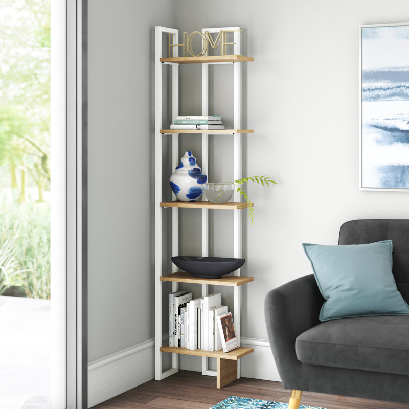 Phaneuf 71'' H x 18'' W Iron Corner Bookcase, White/Oak