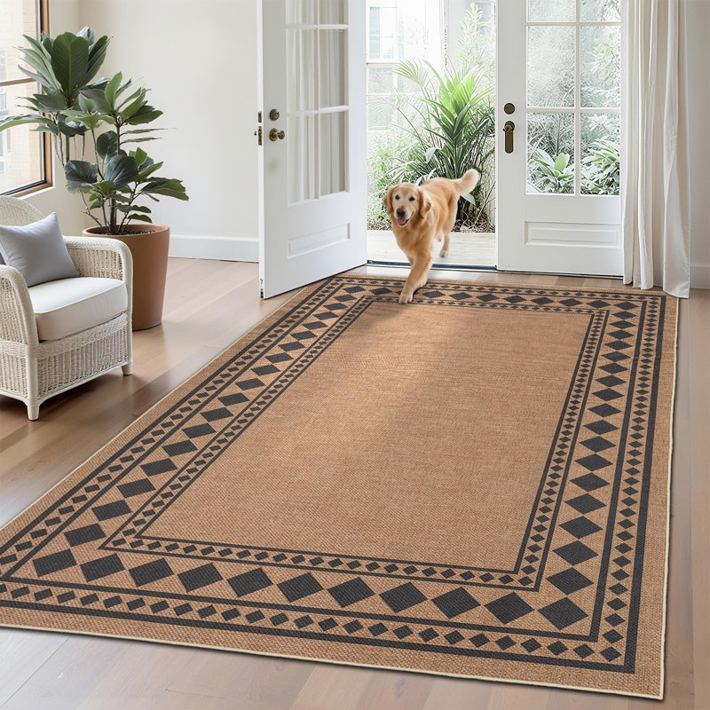 Tapis géométriques lavables pour patio de salle à manger, Brown, Rectangle 10' x 13'