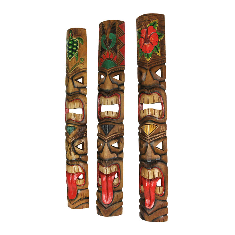 Ensemble de 5 sculptures murales totem tropicales en bois durable sculptées à la main et peintes à la main, multicolores, 39,5 po de hauteur