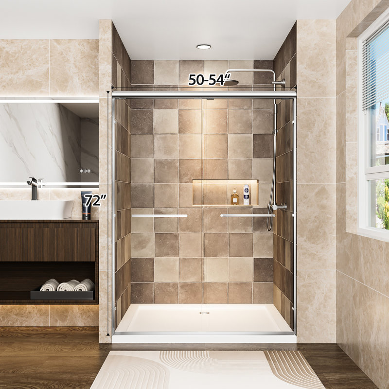 Aluminum Frame 54" Wide And 72" High Double Sliding Shower Door With 1/4" Clear Tempered Glass, - Proof Film, Reversible Install, Corrosion Handles, Waterproof In Bathroom Frame, Shatter Dual