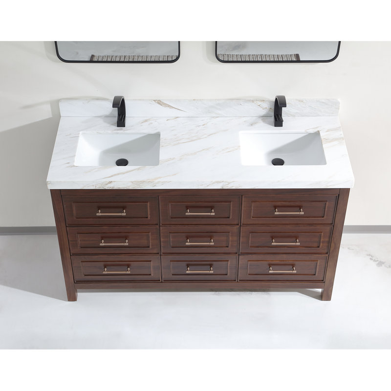 60" EBONY DOUBLE SINK VANITY DARK FINISH WITH WK-60D TOP 2" THICK WHITE NATURAL TOP, Brown, White