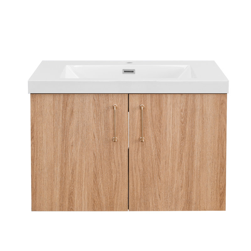 Meuble-lavabo moderne de 30 pouces avec armoires flottantes murales, poignées dorées, lavabo en résine blanche, lignes épurées et conception élégante, fermeture silencieuse