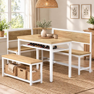 Corner Dining Set With L-Shaped Bench, Rectangular Table And Straight Bench With Storage Shelves
