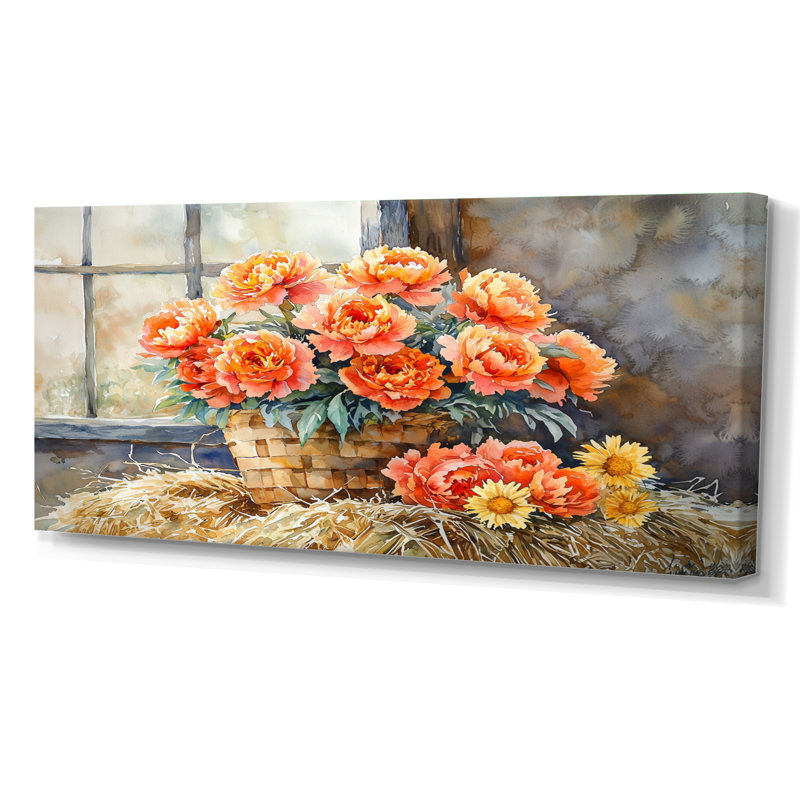 Récolte des pivoines d'automne à la grange I - impressions sur toile surdimensionnées florales, H 28 po x l 60 po