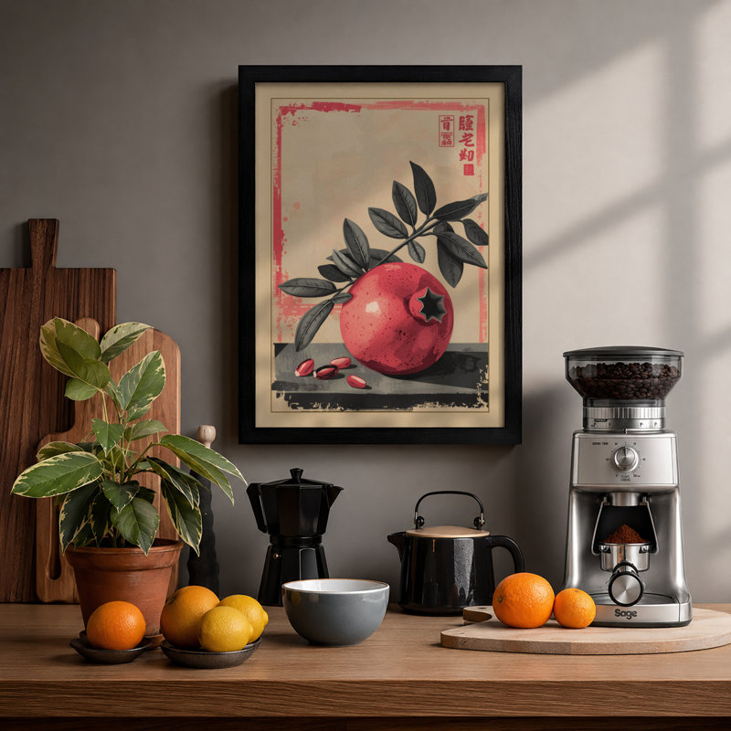 Pomegranate with Branch Japandi - Framed Print, A2 - 59.4 x 42.0 cm, Black