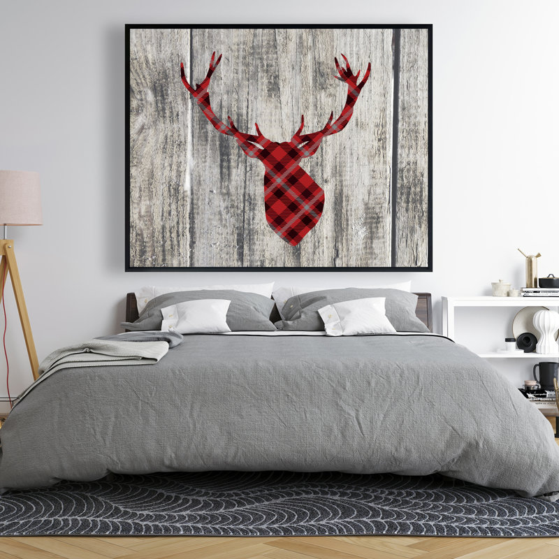 Bois et cerf - Art sur toile encadré rouge pour la décoration intérieure