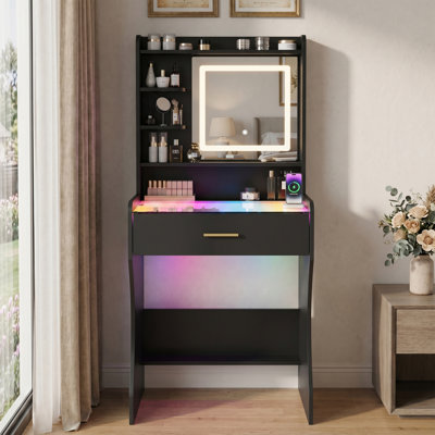 Petite coiffeuse 23,5 "avec miroir lumineux à DEL, bureau de meuble-lavabo compact avec plateau en verre et huche de rangement