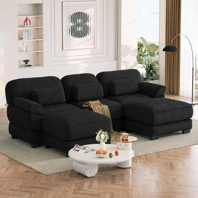 104 Inch Modular Sectional Loveseat Sofa,Breathable Corduroy Upholstered 3‑Seater Couch with Thick Seat Cushions for Living Room,Apartment,Bedroom,black