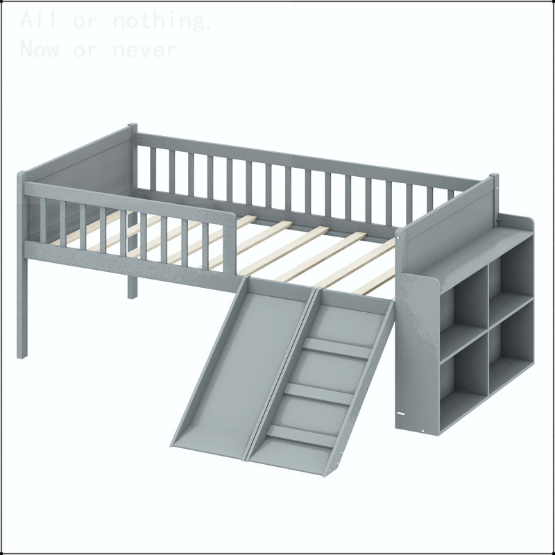 Twin Size Bed Frame with Storage Shelf, Slide, and Ladder, Gray