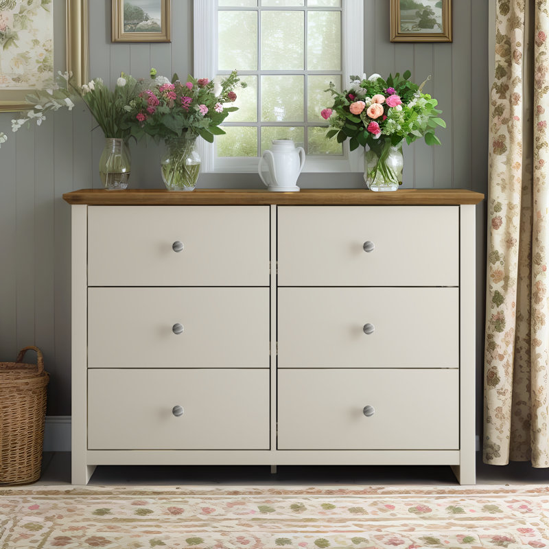 Commode double 6 tiroirs Tevrat, Ivoire / chêne noueux