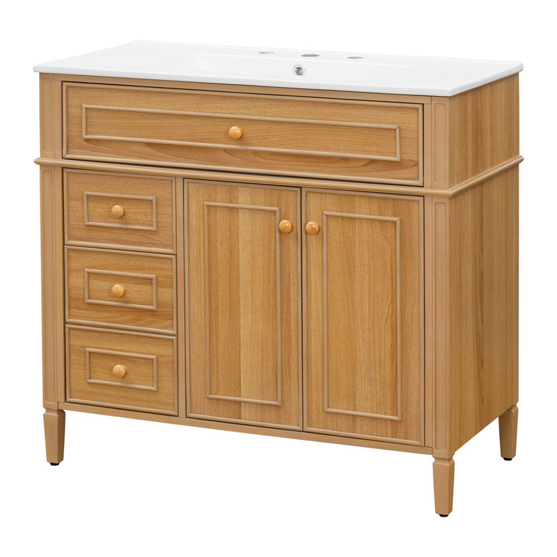 Meuble-lavabo 36 po avec lavabo, meuble-lavabo en bois avec tiroir rabattable, 3 tiroirs, 2 portes à fermeture en douceur