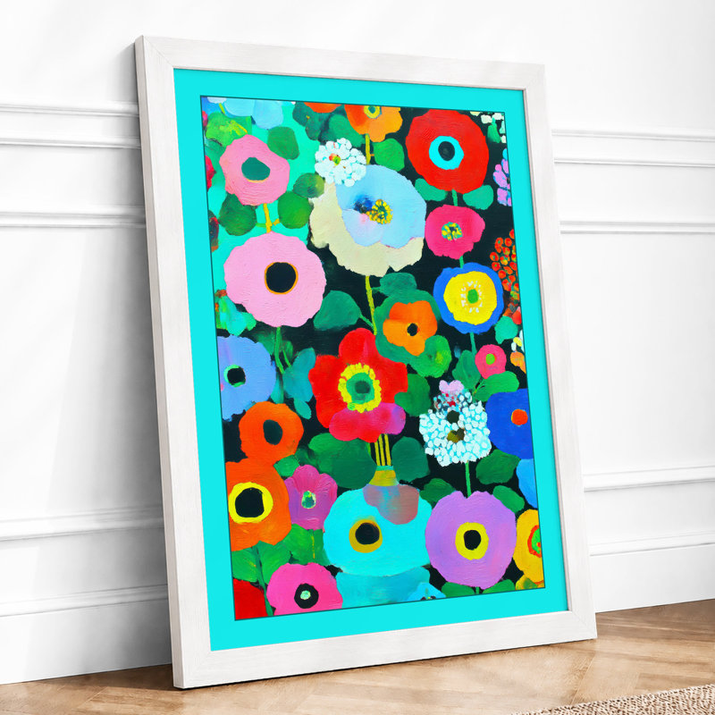 Vibrant Floral Garden Maximalist 1 Piece Single Picture Frame Wall Art, A2 - 59.4 x 42.0 cm, White