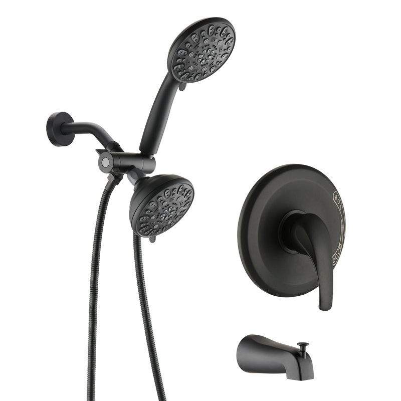 High Shower System With Matte Black Tub Spout. 2 In 1 Dual Faucet. 7 Spray Modes To Refresh. All Metal. 1.8 Gpm Flow. 59" Hose Length. 1/2" Connection. Wall Mounted Spout - Black, Faucet Valve. Head