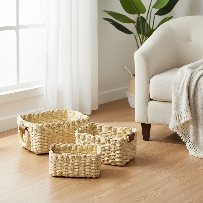 Square Beige Storage Basket 3-Pack, Recycled Paper Rope Wicker Woven, Suitable For Bathroom Cabinets Drawers Shelves, Beige