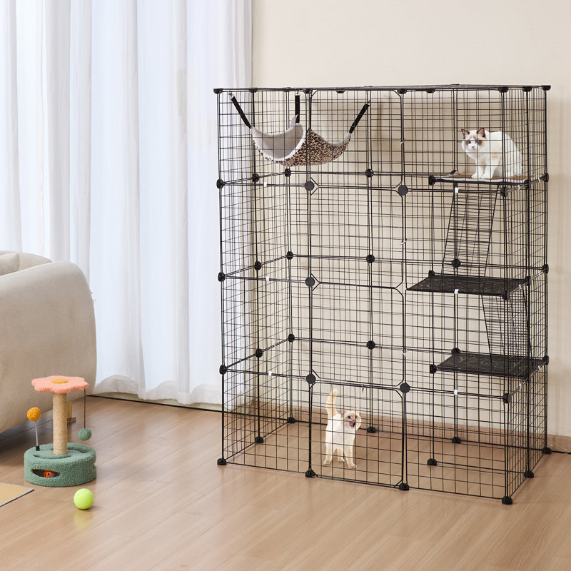 Grande cage à chat à 4 niveaux, 41 x 28 x 55 pouces, avec 4 portes avant, hamac, rampe d'accès et échelles. Enclos en métal amovible pour chat. Parfait pour l'intérieur et l'extérieur, pour les chats et les petits animaux. Couleur : noir.