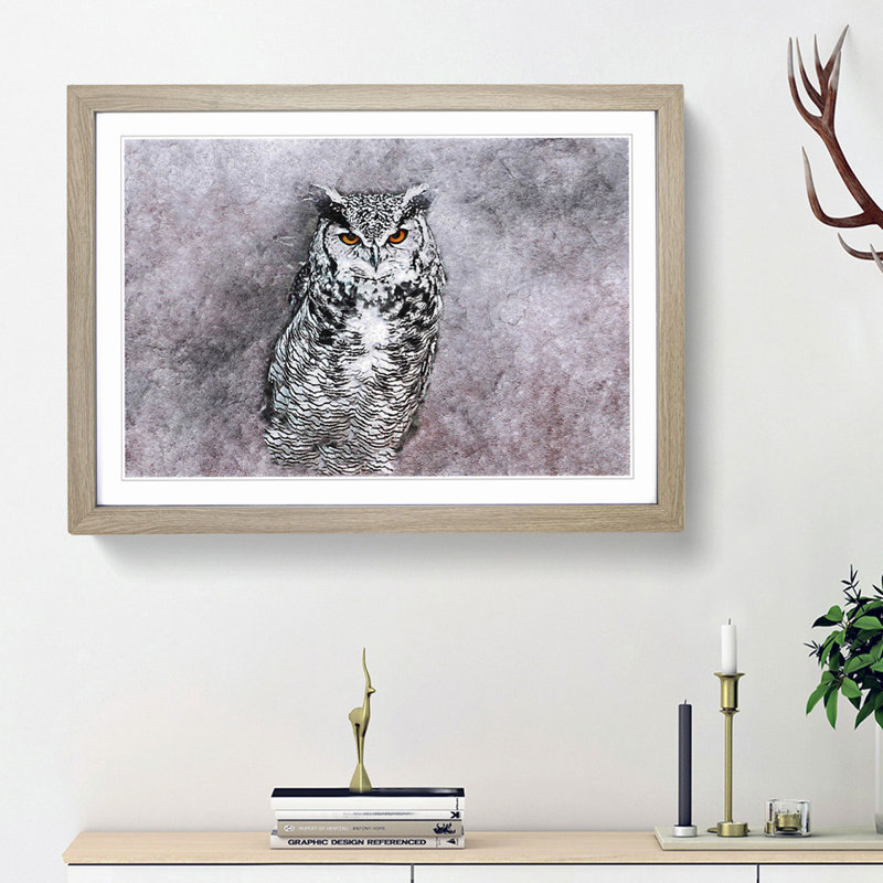Horned Owl in Pink & Lilac in Abstract - Picture Frame Painting Print on MDF, Oak Framed, 27cm H x 36cm W x 2cm D