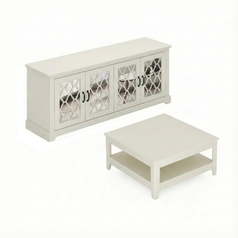 Weddel Basilico 2 Piece Modern Coordinated Living Room Media And Coffee Table Set, Ivory, Ivory