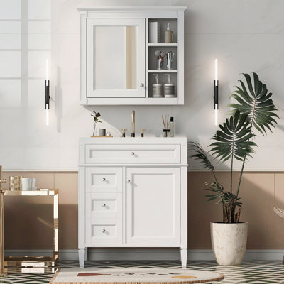 Ensemble de meuble-lavabo autoportant 30 po avec lavabo supérieur, meuble-lavabo moderne avec 2 tiroirs et un tiroir basculant, meuble-lavabo autoportant avec miroir et meuble-lavabo simple