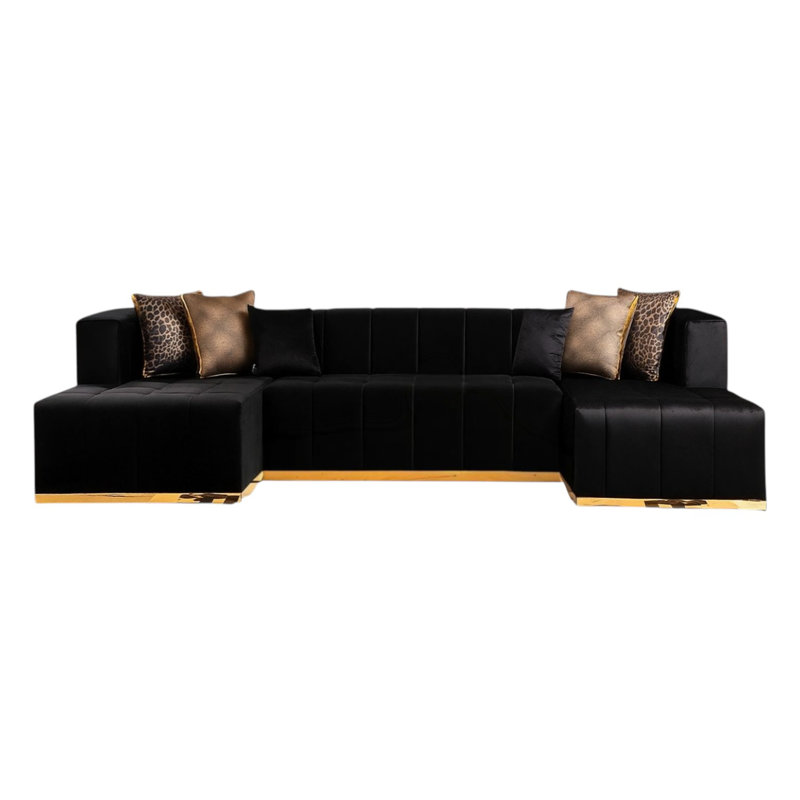 Canapé modulaire et méridienne en U trois pièces avec coussins décoratifs en velours noir