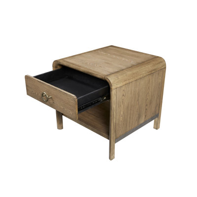 Table d'appoint effet cascade couleur latte, placage, courbes, ambiance moderne et douce, tiroir et tablette de rangement, dimensions : 59,4 cm (23,37 po). Table de style contemporain, bois massif+, largeur