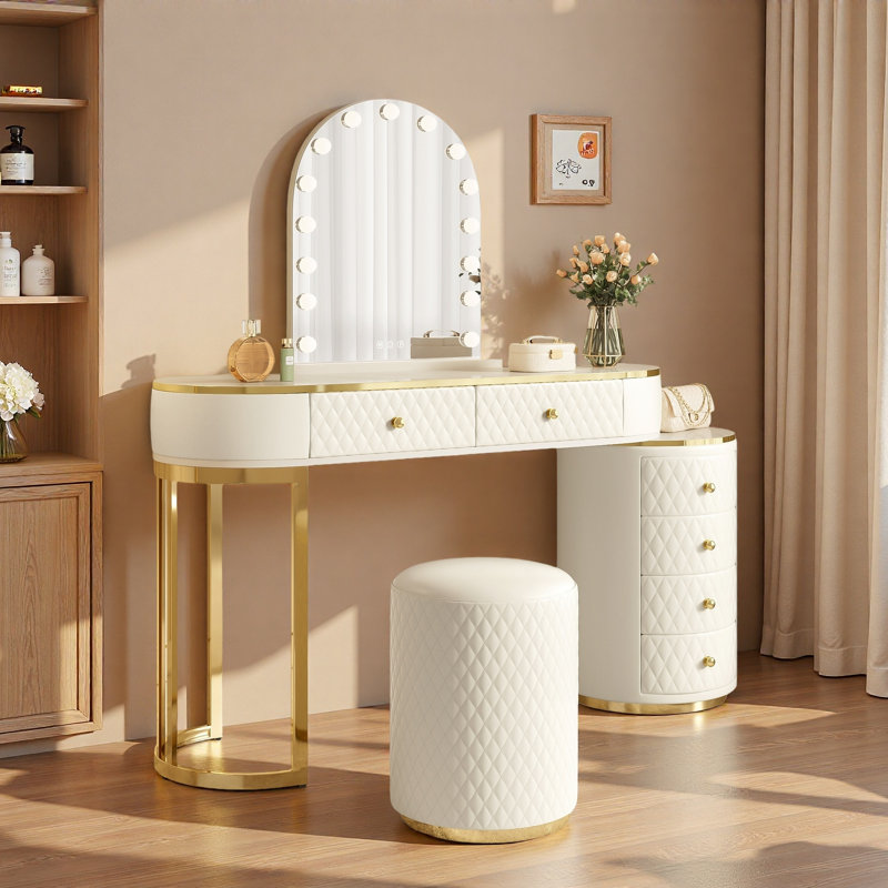 Luxury Makeup Vanity Desk With 3-color Led Mirror, Adjustable Length, 6 Drawers And Stool