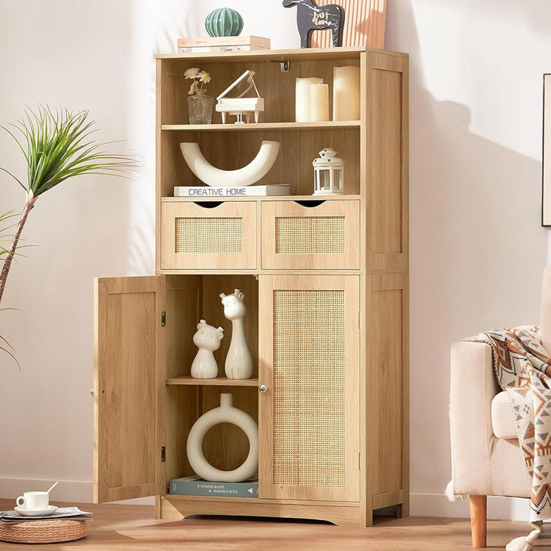 Armoire de rangement haute, armoire en rotin avec 2 tiroirs et tablette réglable, armoire de rangement pour garde-manger, armoire d'entrée pour salon, salle à manger, bureau personnel, naturel