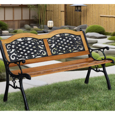 Banc de patio en bois de pin et en métal, pour une assise détendue, siège à lattes respirant pour se rafraîchir, poids net de 29 lb fabriqué à l'extérieur avec des cadres Flourish, une inclinaison orientée vers le confort, ouverte
