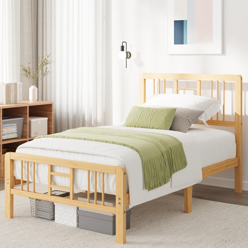  Solid Wood and Metal Iron Modern Bamboo Bed Frame with Headboard – No Box Spring Required Eco-Friendly 10" Low-Profile Design Single Beds for Kids, Teens Students Compact Space-Saving Design with Frame, Ideal for Dorms, Small Apartments Guest Rooms,Twin