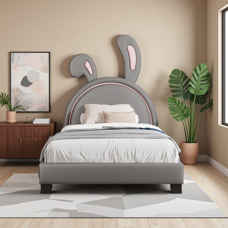 Lit plateforme tapissier simple en cuir, Gris