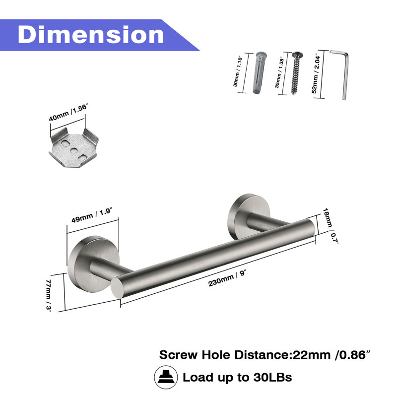 2-Pack Stainless Steel 9 in. Wall Mounted Single Towel Bar, Brushed Nickel