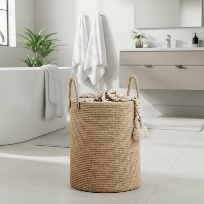 Natural Jute Rope Tall Laundry Basket, 72 Liters Large Size, Suitable For Bedroom Blanket Storage. Woven Texture, Stylish And Practical.