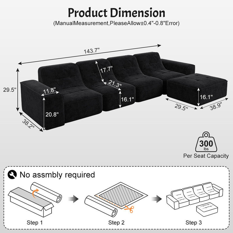 Canapé modulaire modulaire avec repose-pieds et repose-pieds, Chenille noir