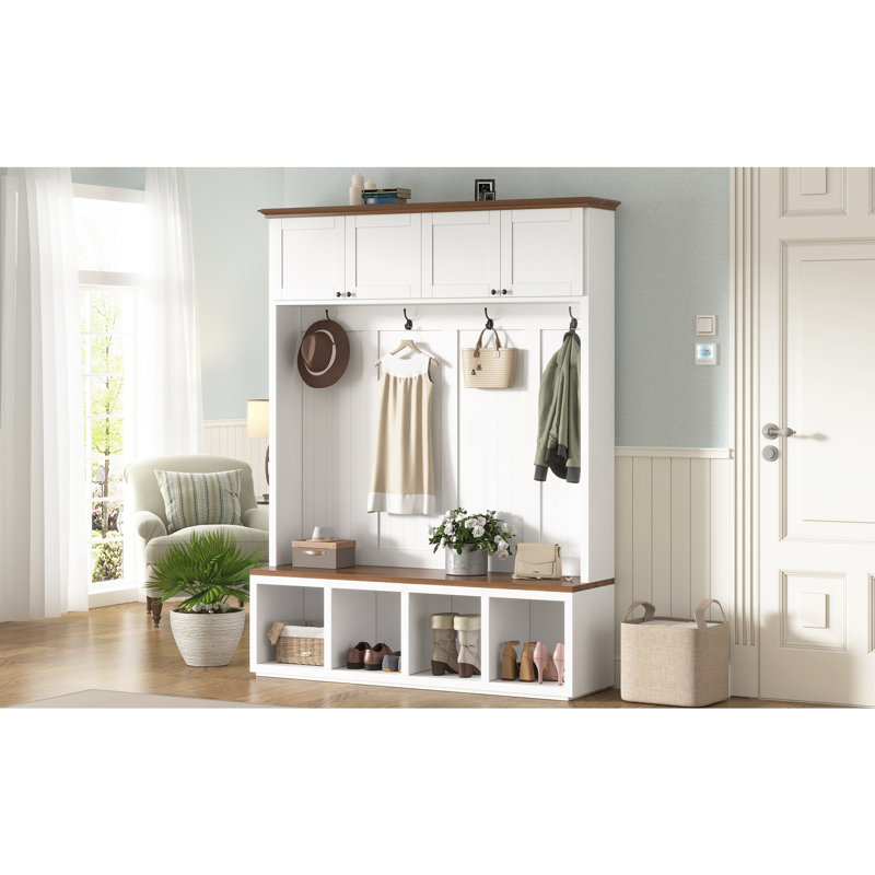 59''W Entryway Hall Tree with Bench and Storage, Farmhouse Wood-grain Accent 4-in-1 Hall Tree with Cabinets, Coat Racks and Hooks